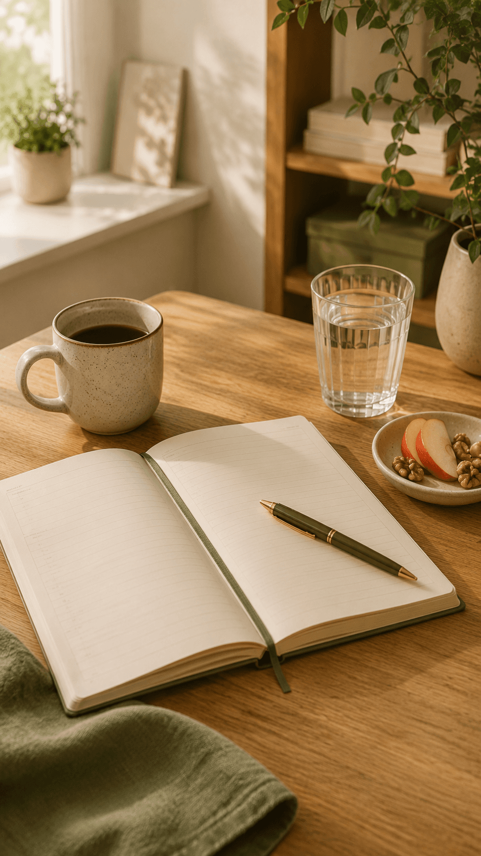 Xícara de café e caderno de planejamento aberto sobre a mesa, representando a rotina